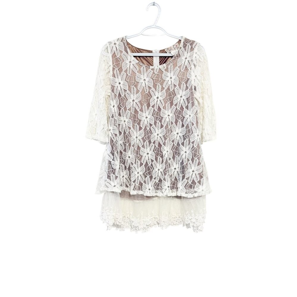 White Floral Lace Tunic Top W/ Sheer Overlay 3/4 Sleeves Small Lady Noiz Womens